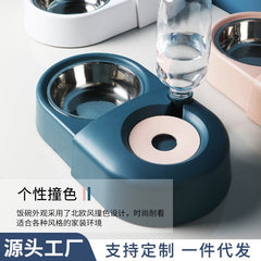 cat bowl double bowl automatic drinking water No Batteries Required cat water bowl,anti-knock over rice bowl, pet supplies 蓝